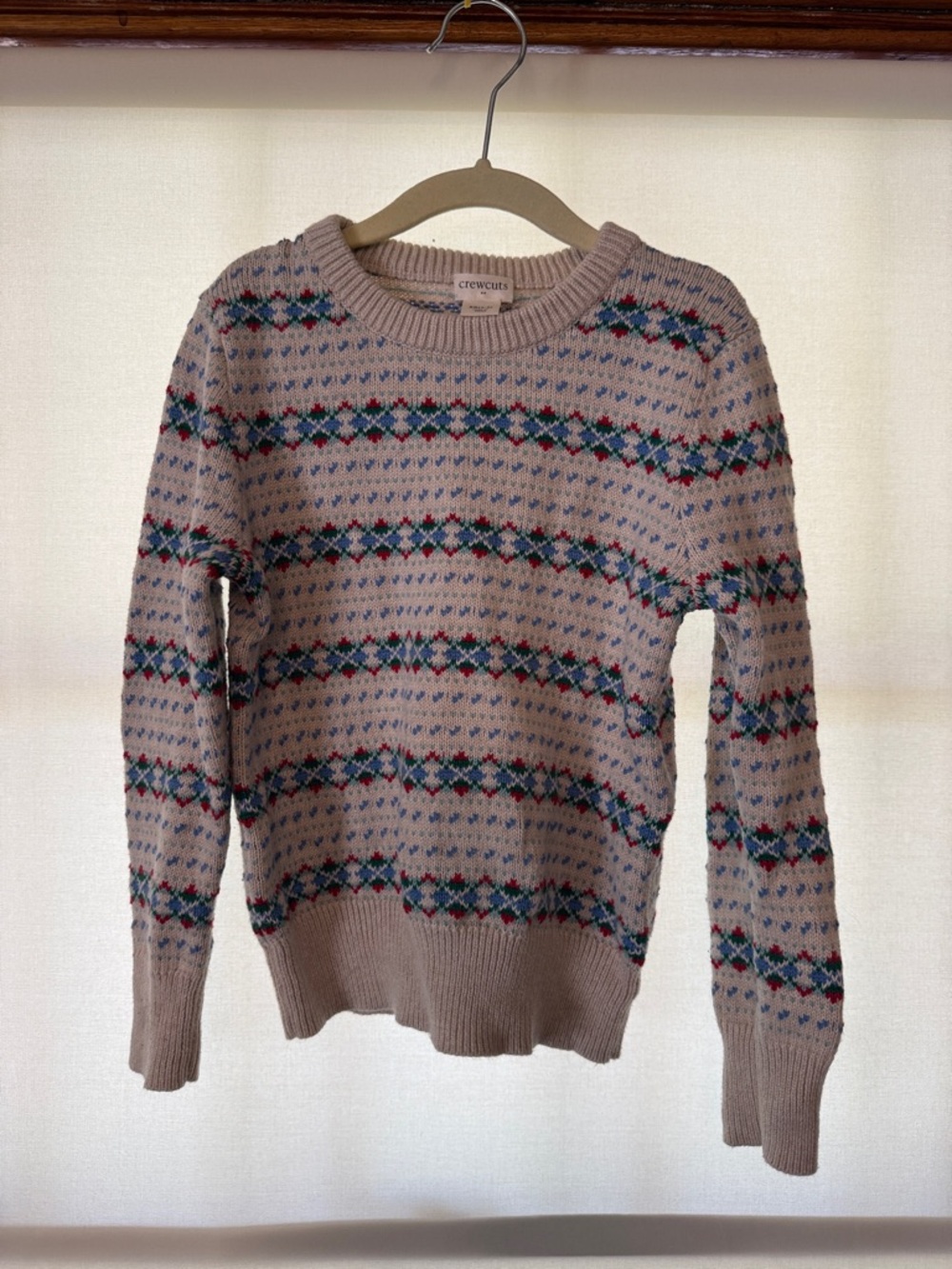 J. Crew Beige Fair Isle Crewneck Sweater with Red, Green & Blue Accents